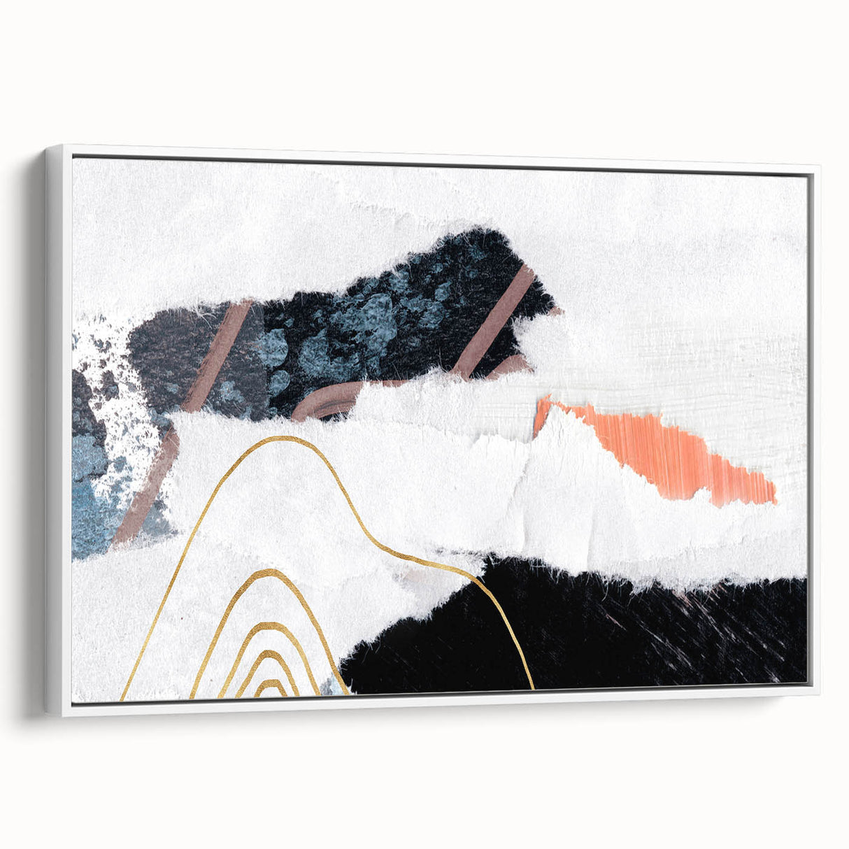 Framed abstract wall art featuring a modern design with colorful strokes and lines on a white background, displayed in a stylish setting, perfect for home decor.