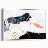 Framed abstract wall art featuring a modern design with colorful strokes and lines on a white background, displayed in a stylish setting, perfect for home decor.