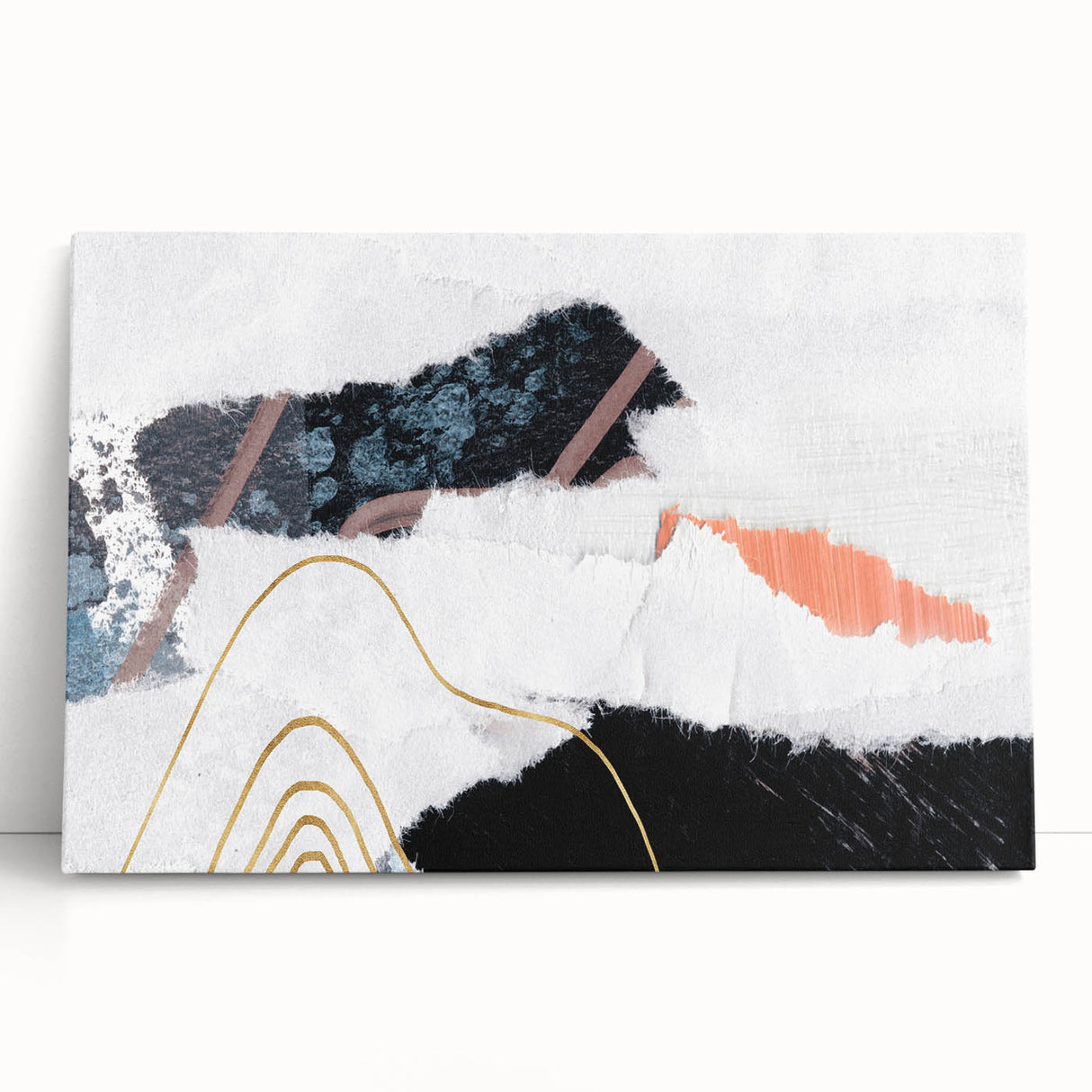 Abstract strokes and lines create a modern wall art design in warm tones of orange, gray, and white, ideal for contemporary home decor. This stretched canvas piece leans against a wall, showcasing its vibrant colors and dynamic patterns, enhancing any living space.