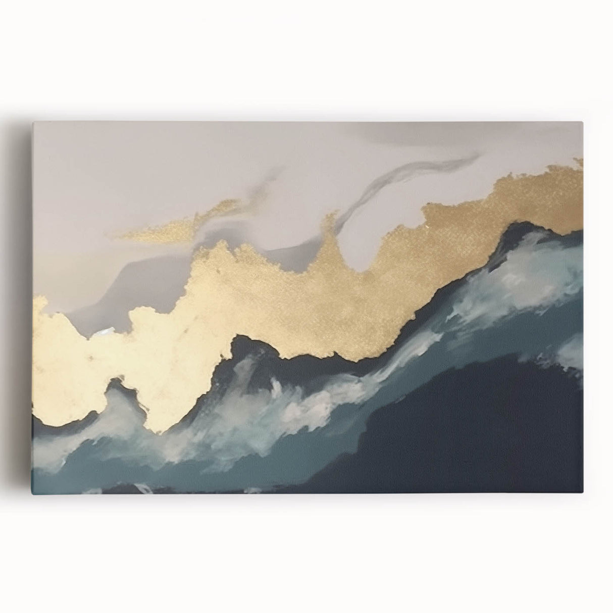 Abstract wall art featuring colorful strokes and lines on a stretched canvas, showcasing vibrant hues of blue, orange, and yellow, ideal for modern decor.