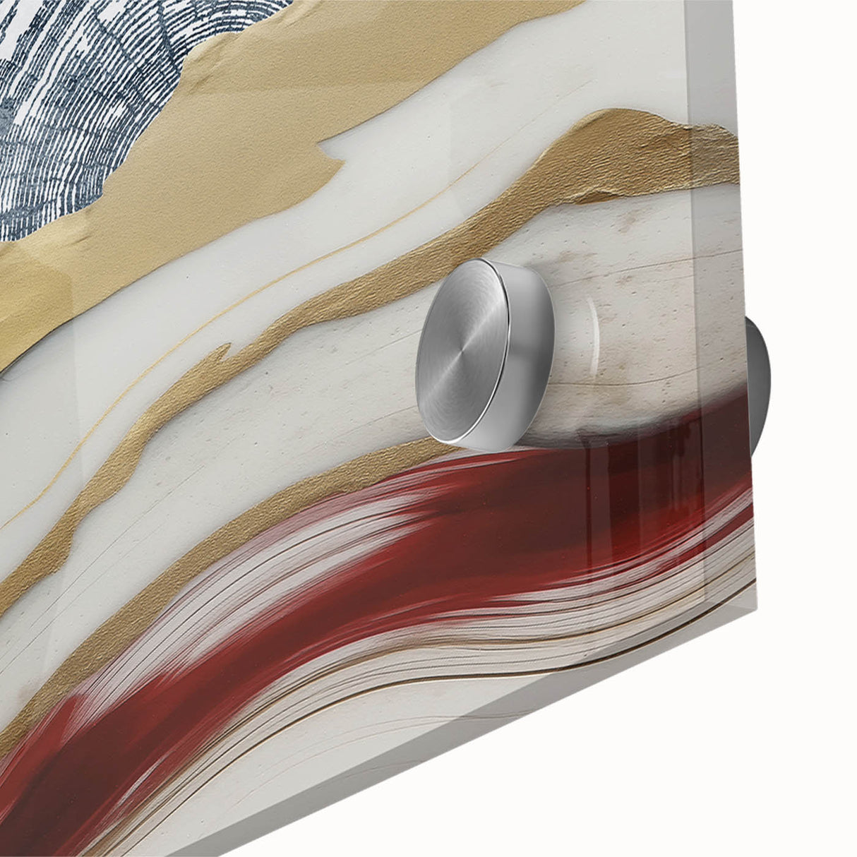 Close-up of a modern abstract wall art piece showcasing vibrant strokes and lines in shades of blue, gold, and white, designed for contemporary decor.