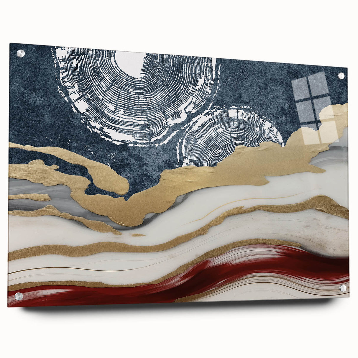 Abstract wall art design featuring vibrant strokes and lines in a modern acrylic glass frame, showcasing a side view with decorative pins for hanging. Perfect for contemporary home decor.