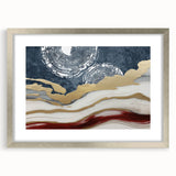 Abstract strokes and lines in soothing shades of blue and gray create a modern wall art piece, framed with a sleek silver mat, perfect for contemporary decor.