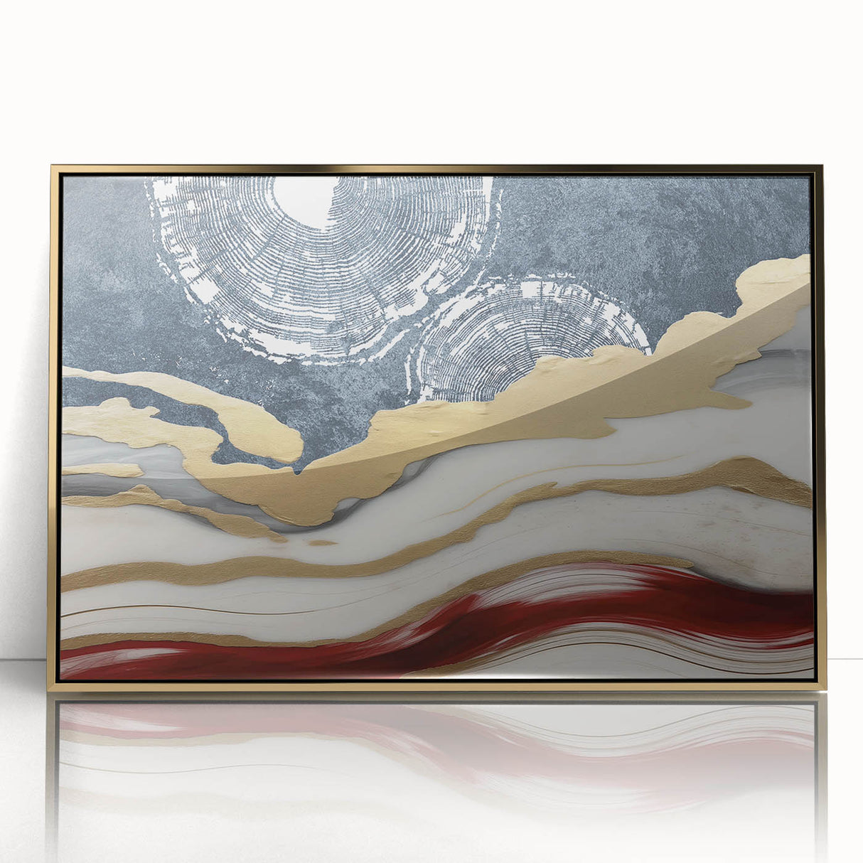 Framed acrylic wall art featuring an abstract design of gold strokes and lines, set against a sleek black background, ideal for modern home decor.