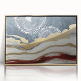Framed acrylic wall art featuring an abstract design of gold strokes and lines, set against a sleek black background, ideal for modern home decor.
