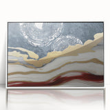 Framed acrylic wall art featuring an abstract design of colorful strokes and lines, set against a white background, perfect for modern home decor.