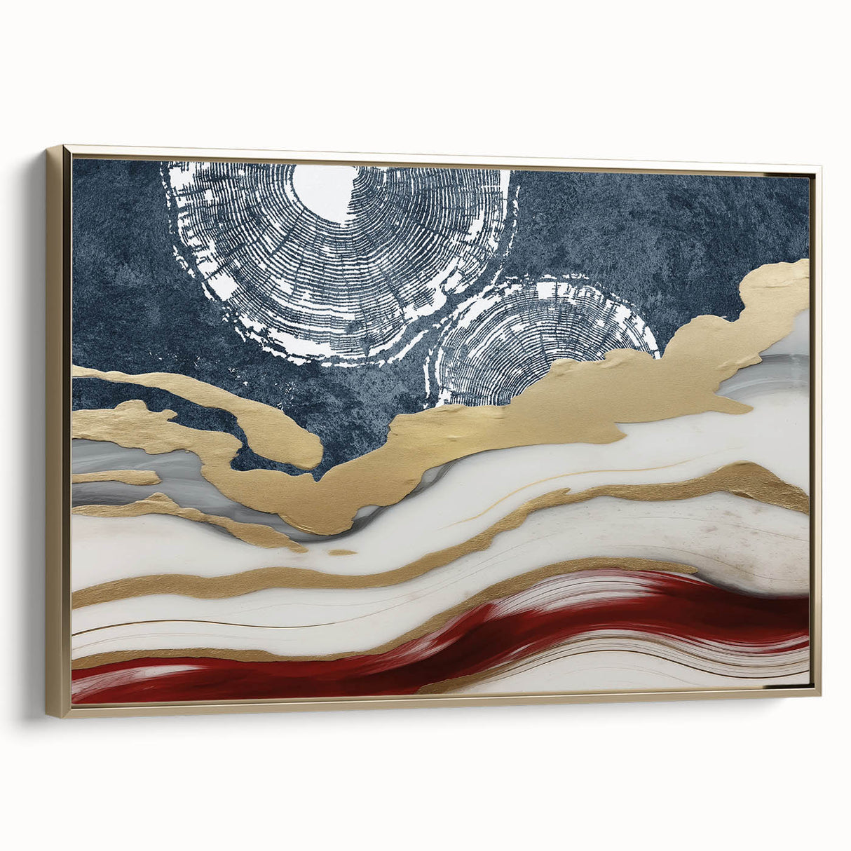 Framed canvas wall art showcasing an abstract design of gold strokes and lines, elegantly displayed in a side view, perfect for modern home decor.