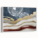 Framed canvas artwork showcasing an abstract design of colorful strokes and lines on a white background, ideal for modern home decor.
