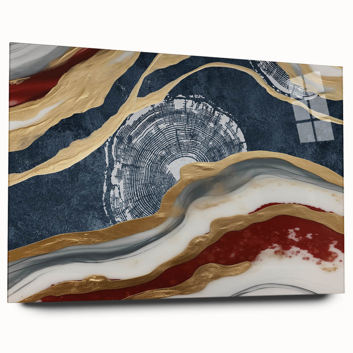 Acrylic glass wall art featuring an abstract design of colorful strokes and lines, showcasing vibrant hues of blue, pink, and gold, perfect for modern decor.