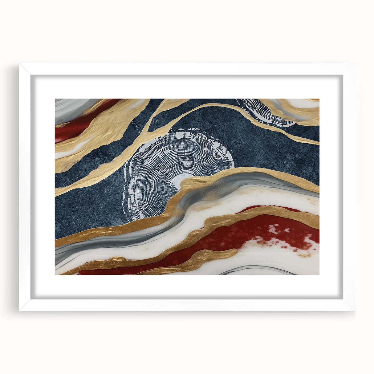 Abstract wall art design featuring vibrant strokes and lines in a contemporary style, presented in a white frame with a mat, ideal for modern home decor.
