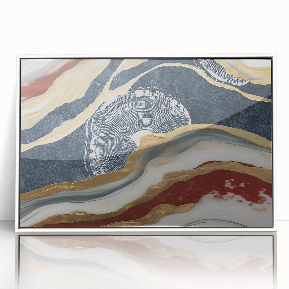 Framed acrylic wall art featuring an abstract design with colorful strokes and lines, set against a white background, ideal for modern home decor.