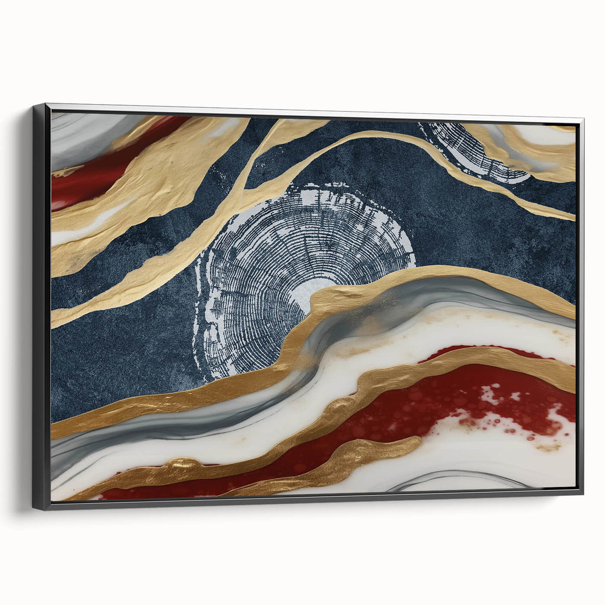 Framed canvas wall art showcasing an abstract design with bold strokes and lines in black and white, perfect for modern home decor. Side view highlights the frame's sleek profile.