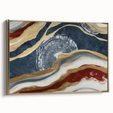 Framed wall art featuring an abstract design of strokes and lines in gold tones, showcasing a modern aesthetic perfect for contemporary home decor.