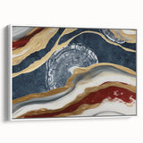 Framed canvas wall art featuring an abstract design of colorful strokes and lines, displayed in a sleek white frame, ideal for modern home decor.