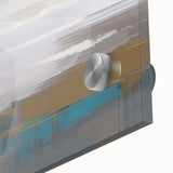 Abstract wall art design showcasing vibrant strokes and lines in shades of blue, gold, and white, featuring a glossy acrylic glass finish that enhances its modern aesthetic. Perfect for contemporary interior decor, this piece brings dynamic energy to any space.