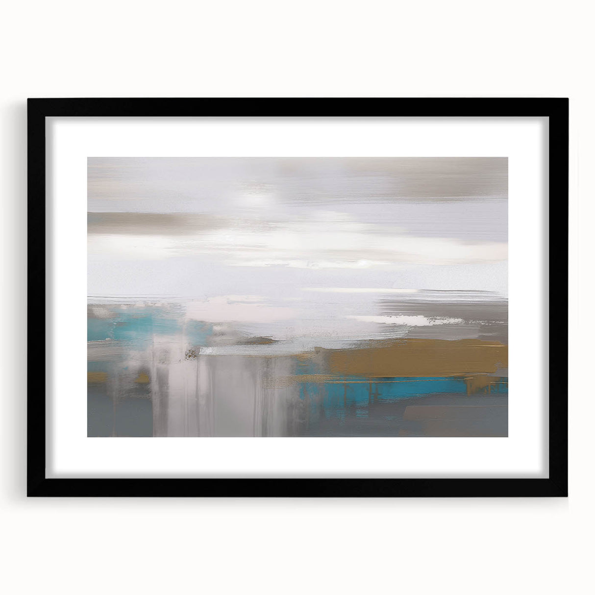 Abstract wall art featuring dynamic strokes and lines in a modern design, framed with a black mat, ideal for contemporary home decor. The artwork showcases a blend of colors and patterns, enhancing any living space with a touch of sophistication.