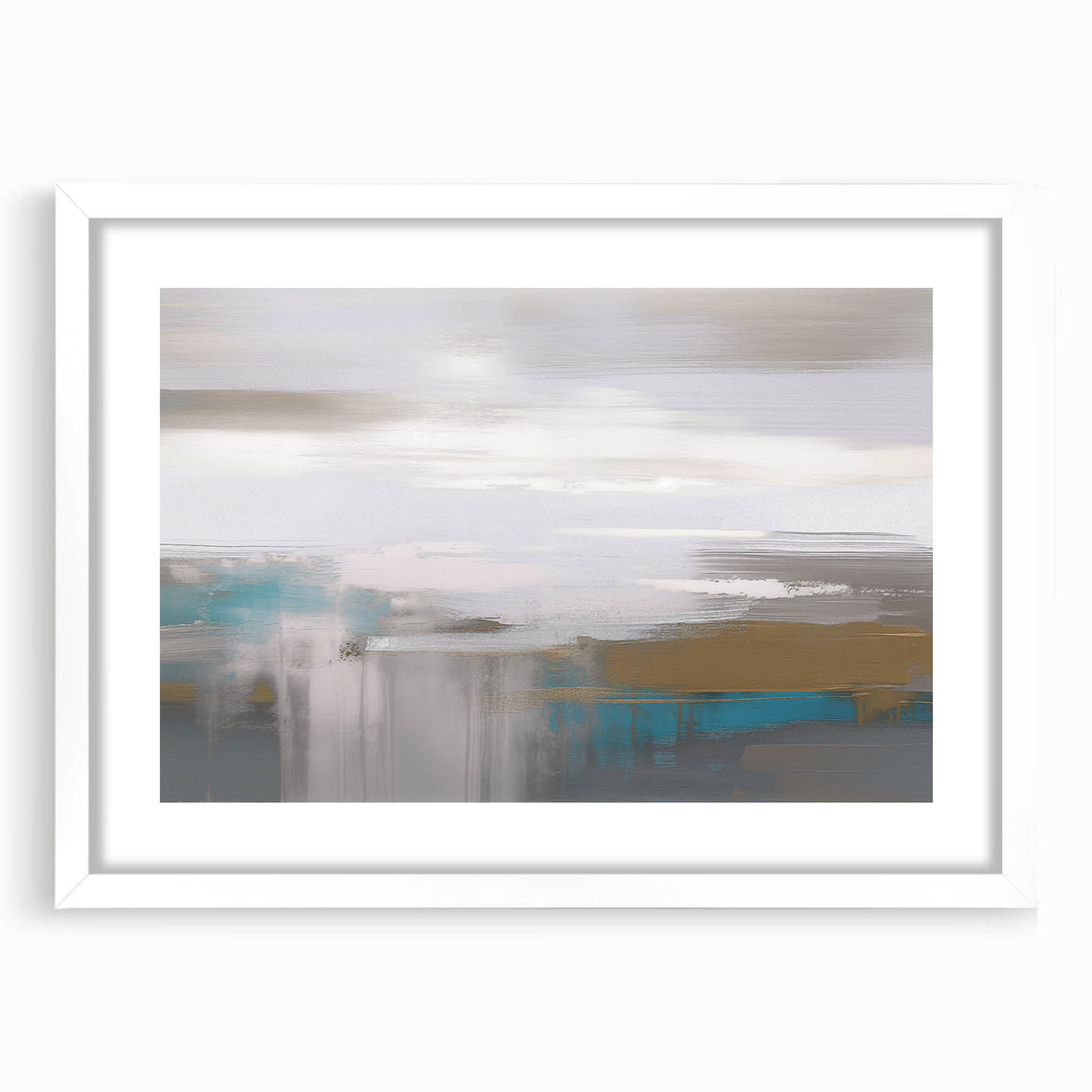 Abstract wall art featuring dynamic strokes and lines in muted tones, framed with a white mat, perfect for modern decor and artistic expression.