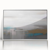Framed wall art featuring an abstract design of colorful strokes and lines in a modern aesthetic, presented in a white frame that enhances its vibrant hues.