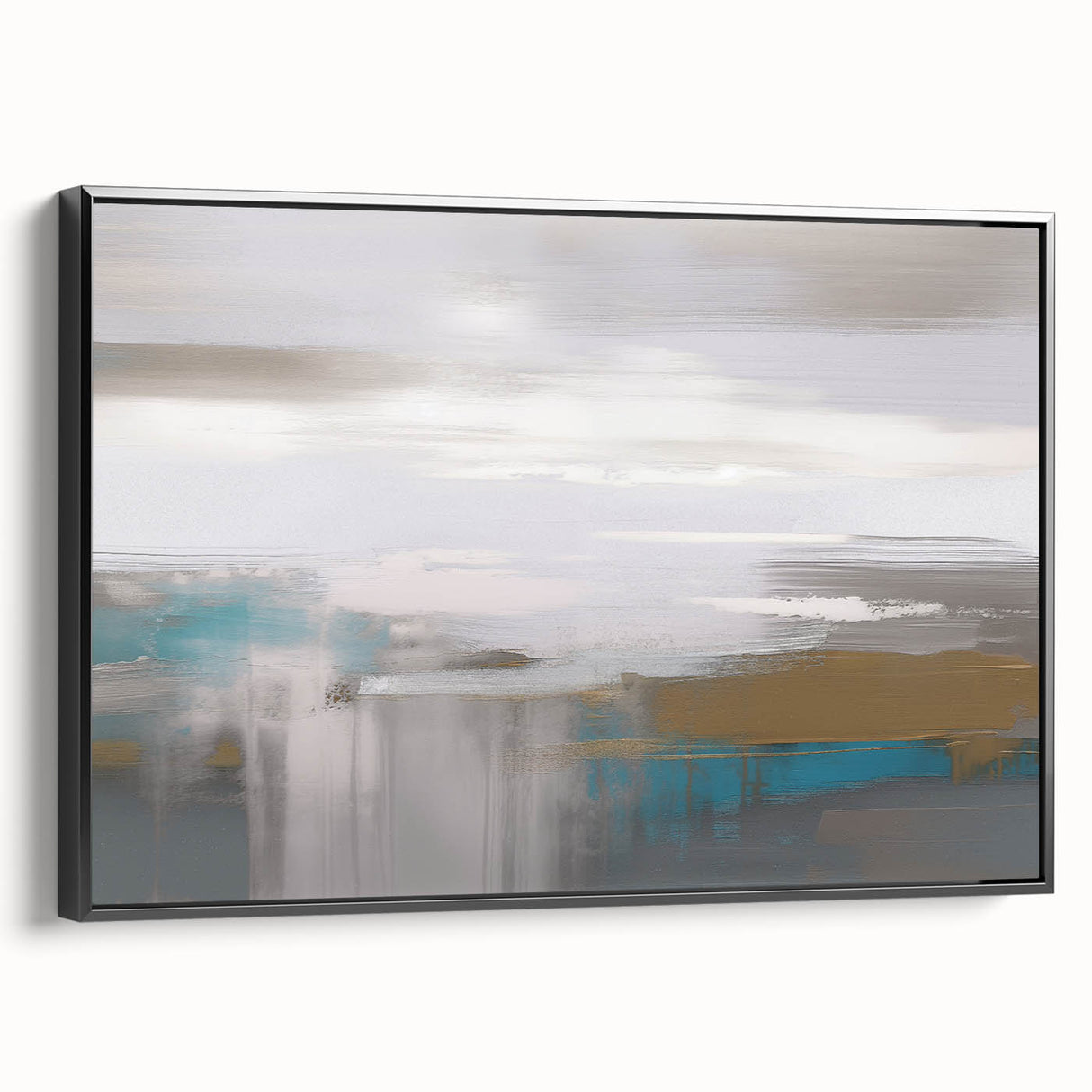 Framed canvas art featuring an abstract design of colorful strokes and lines, showcasing vibrant hues of blue, gold, and red, with a sleek black frame for modern decor.