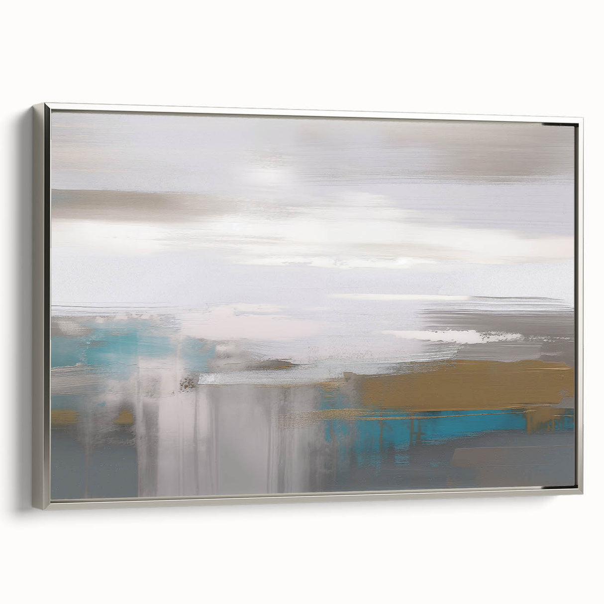 Framed canvas wall art showcasing an abstract design of vibrant strokes and lines in silver tones, perfect for modern decor. Side view highlights the sleek frame.