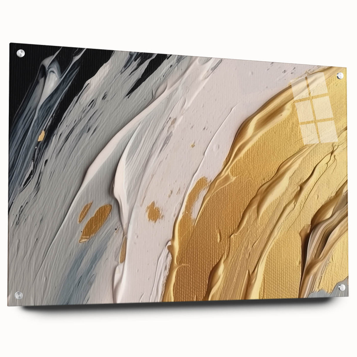 Acrylic glass wall art displaying an abstract design with vibrant strokes and lines, showcasing a modern aesthetic. The artwork is secured with pins, highlighting its contemporary style and depth, perfect for enhancing any interior decor.