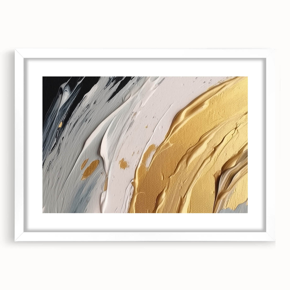 Abstract wall art featuring colorful strokes and lines in a sleek white frame, enhancing modern decor with a stylish and contemporary touch. Ideal for living room or office spaces.