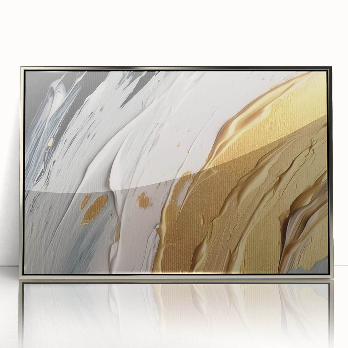 Framed acrylic wall art featuring an abstract design of colorful strokes and lines in silver and blue tones, ideal for modern home decor and artistic interiors.