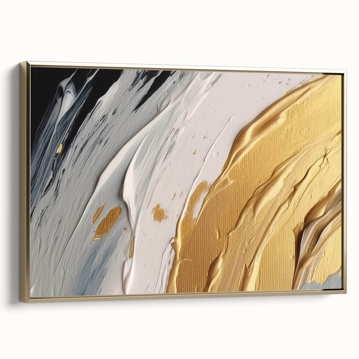 Framed canvas artwork showcasing an abstract design with gold strokes and lines, elegantly displayed from the side, perfect for modern home decor.