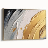 Framed canvas artwork showcasing an abstract design with gold strokes and lines, elegantly displayed from the side, perfect for modern home decor.