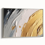 Framed canvas wall art featuring an abstract design of colorful strokes and lines, showcased from a side view, with a sleek silver frame enhancing its modern aesthetic.