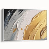 Abstract wall art featuring dynamic strokes and lines in a modern design, framed in white, showcasing a side view to highlight its texture and elegance. Perfect for contemporary decor.