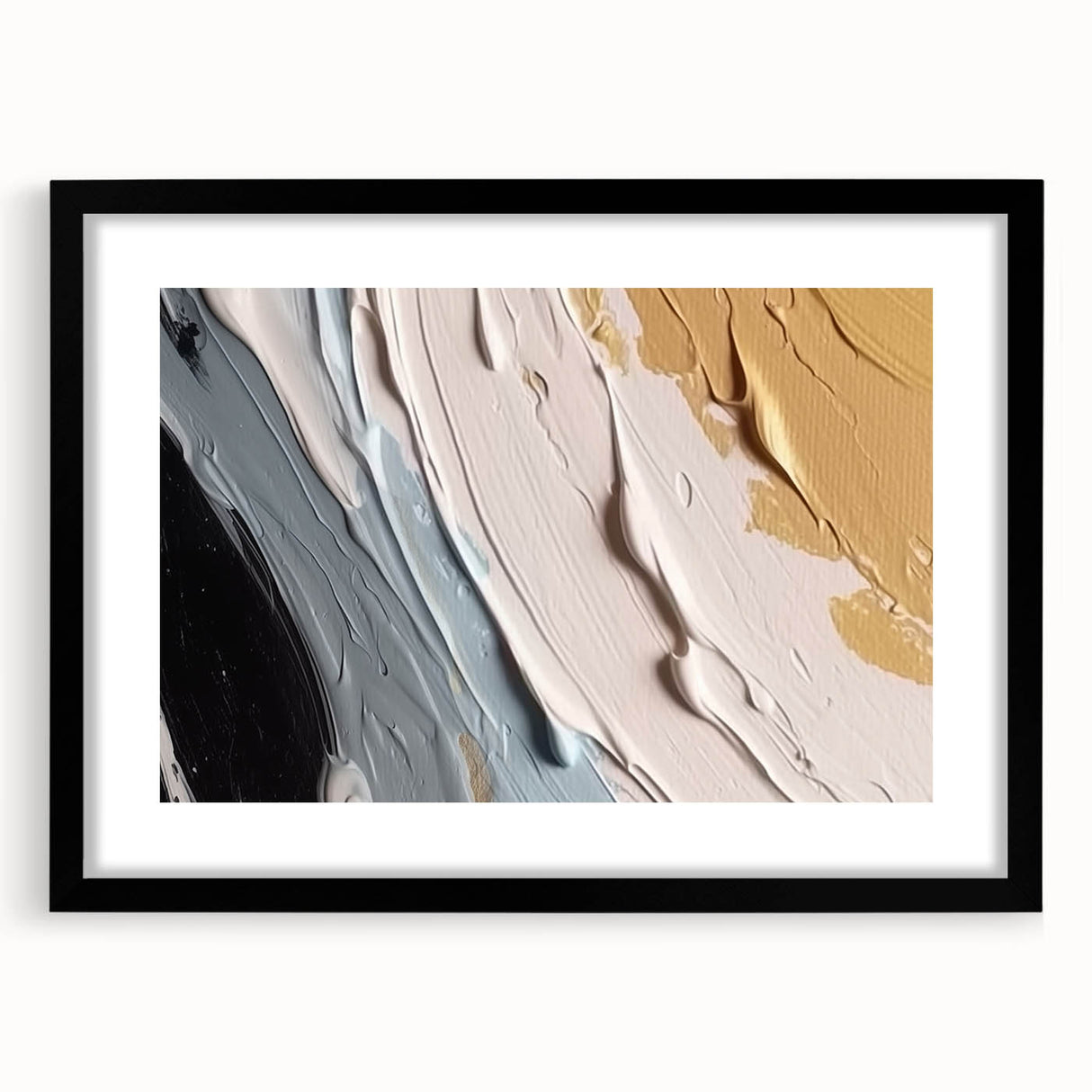 Abstract wall art featuring intricate strokes and lines in a modern design, framed with a black mat. Perfect for contemporary decor or gallery walls.