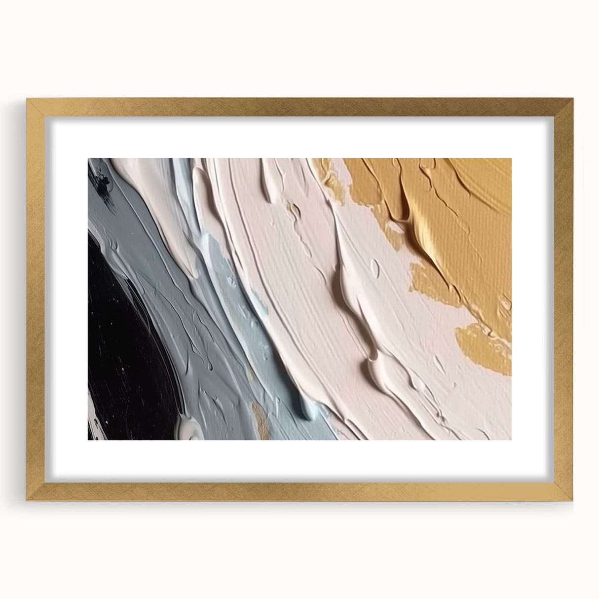 Abstract wall art featuring vivid strokes and lines in a gold frame with matting, perfect for modern decor, adding elegance to any room.
