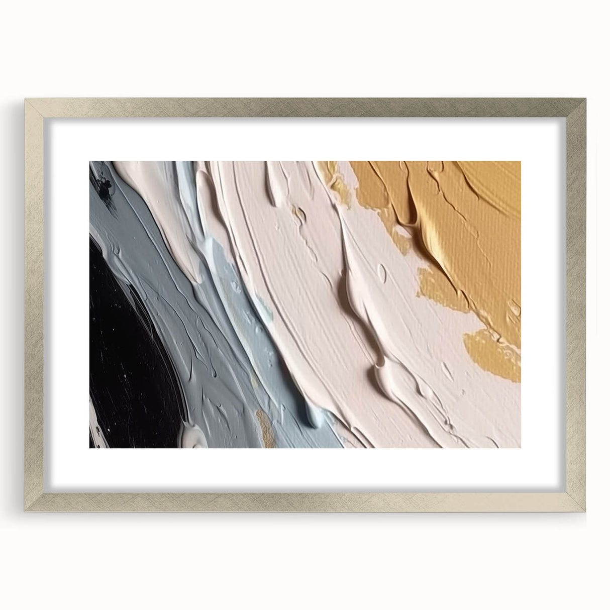 Abstract strokes and lines design wall art in a sleek silver frame with matting, showcasing modern artistic elements ideal for contemporary decor.