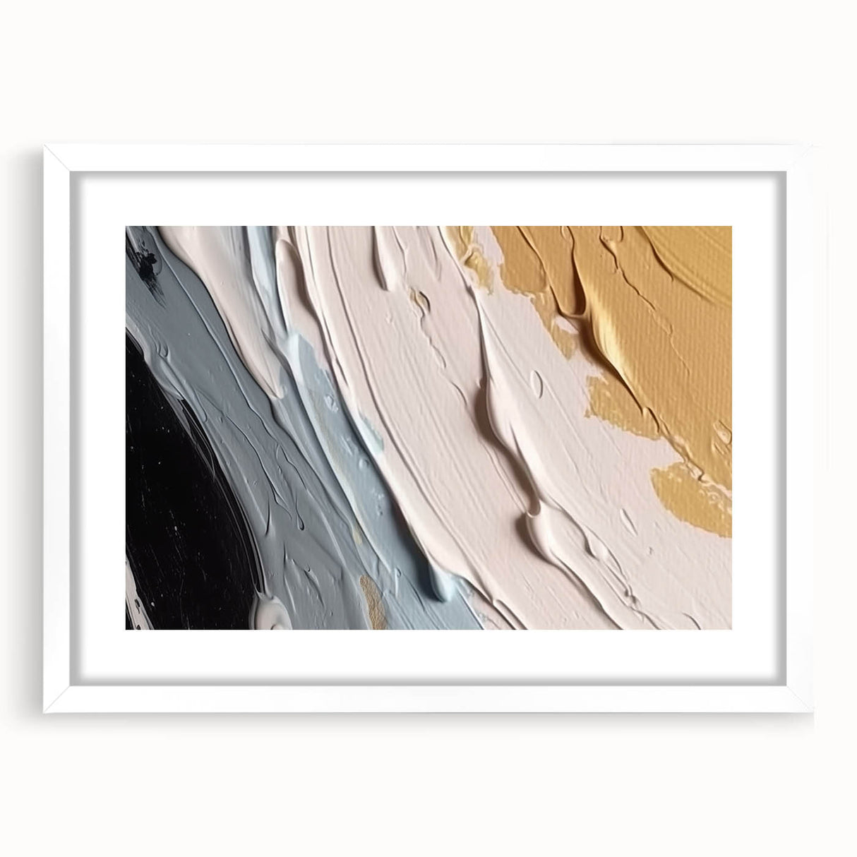 Abstract wall art featuring vibrant strokes and lines in a modern design, framed with a white mat, showcasing a contemporary aesthetic perfect for home decor.