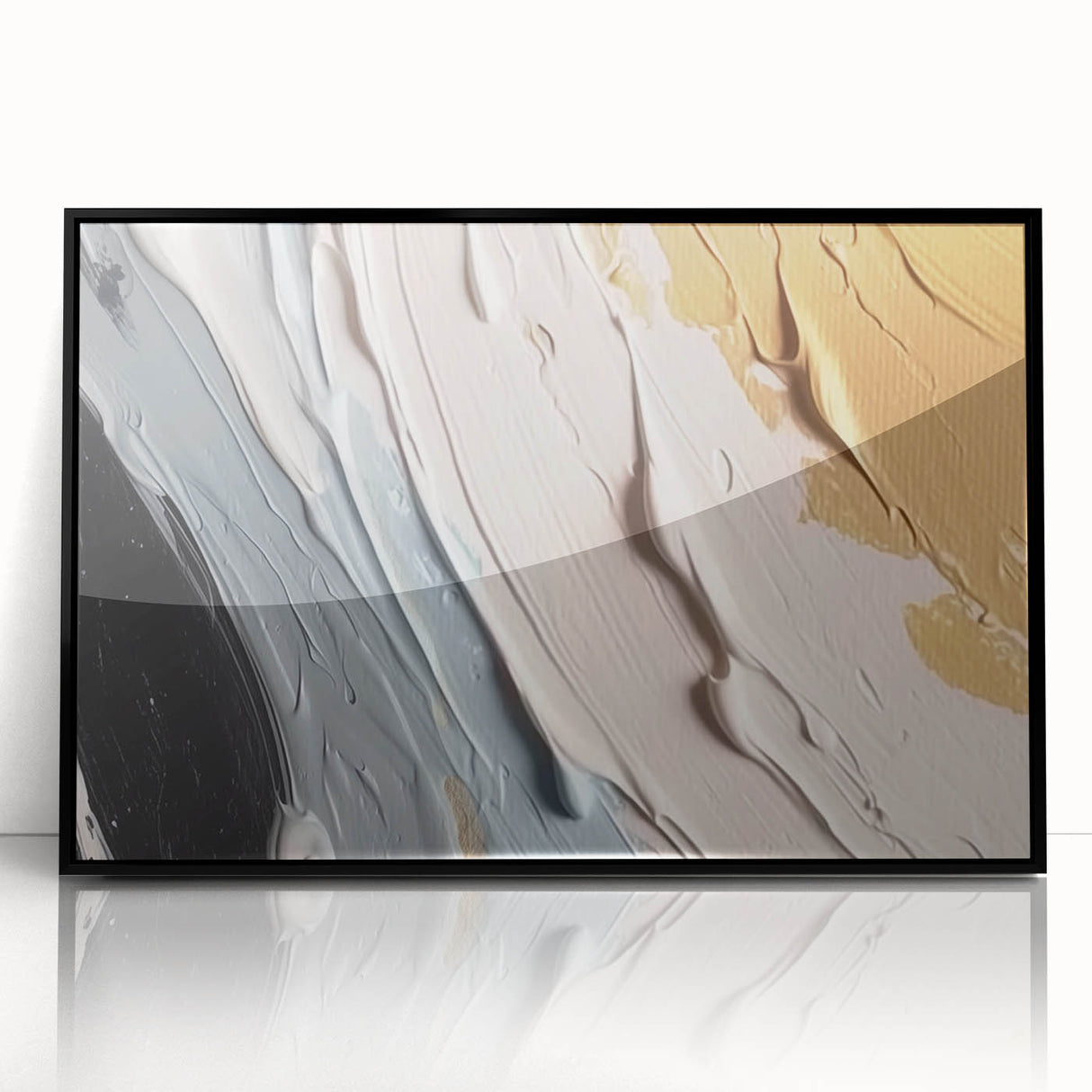 Framed wall art featuring an abstract design of colorful strokes and lines in various hues, set against a sleek black background, ideal for modern decor.