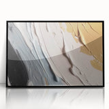 Framed wall art featuring an abstract design of colorful strokes and lines in various hues, set against a sleek black background, ideal for modern decor.