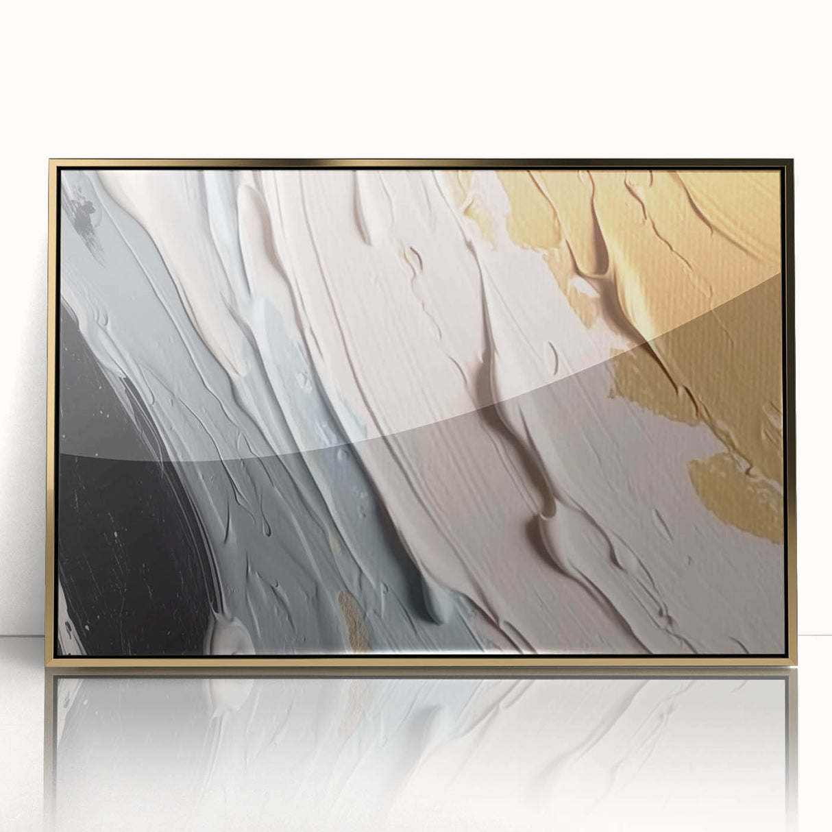 Framed acrylic wall art featuring an abstract design of golden strokes and lines, elegantly displayed for modern decor. Ideal for enhancing contemporary interiors.