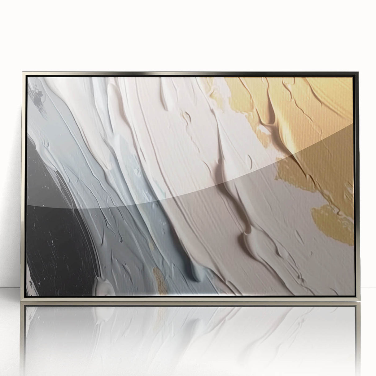 Framed wall art featuring an abstract design of silver strokes and lines on a textured background, perfect for modern home decor, adding elegance and sophistication.