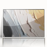 Framed acrylic wall art featuring an abstract design with colorful strokes and lines, presented in a modern white frame, ideal for contemporary home decor.