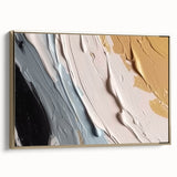 Framed abstract wall art featuring gold strokes and lines on a textured canvas, displayed in a stylish side view, perfect for modern home decor.