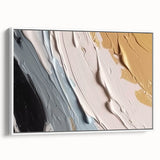 Framed canvas wall art featuring an abstract design of colorful strokes and lines, set against a white background, showcasing modern artistic flair and elegance.