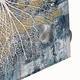 Abstract wall art design featuring vibrant strokes and lines in shades of blue, orange, and cream, printed on acrylic glass for a modern aesthetic. Perfect for contemporary home decor.