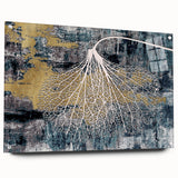 Abstract wall art featuring vibrant strokes and lines in shades of blue, orange, and yellow, presented in an acrylic glass frame with stylish mounting pins.