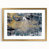 Elegant abstract wall art featuring strokes and lines in gold and neutral tones, framed with a mat, perfect for modern home decor. Ideal for enhancing living spaces with a touch of sophistication.