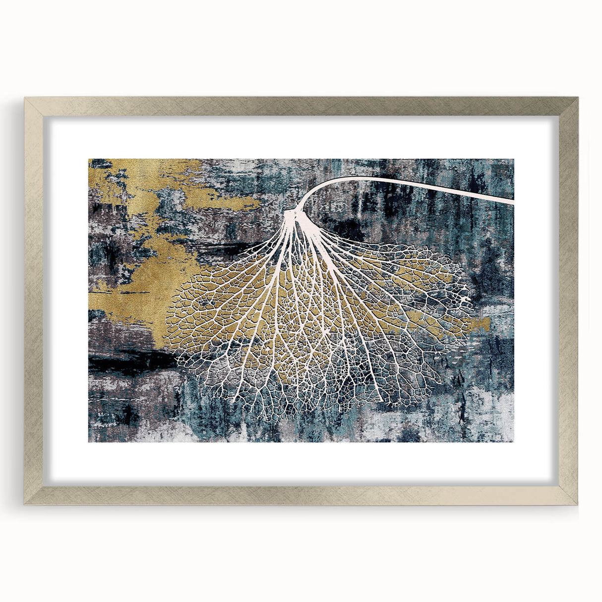 Abstract wall art featuring dynamic strokes and lines in a silver frame with matting, perfect for modern home decor and artistic interiors. The design combines soft hues and bold contrasts, adding a touch of elegance to any room setting.