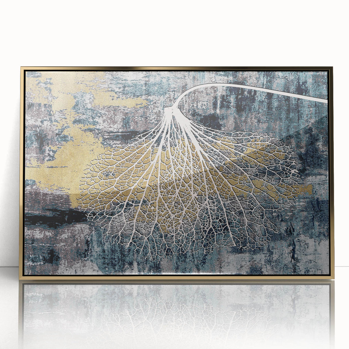 Framed wall art featuring an abstract design with gold strokes and lines on a white background, perfect for modern decor in living spaces or offices.