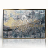 Framed wall art featuring an abstract design with gold strokes and lines on a white background, perfect for modern decor in living spaces or offices.