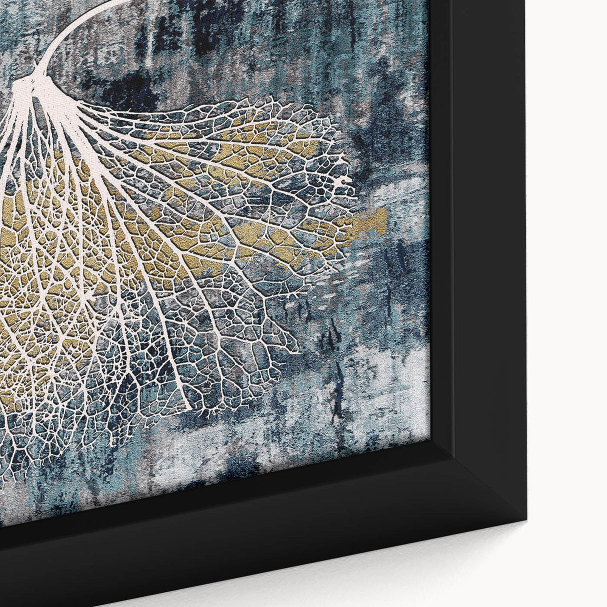 Abstract wall art featuring vibrant strokes and lines in shades of blue, orange, and gold, framed elegantly for contemporary home decor. Ideal for adding a modern touch to living spaces.