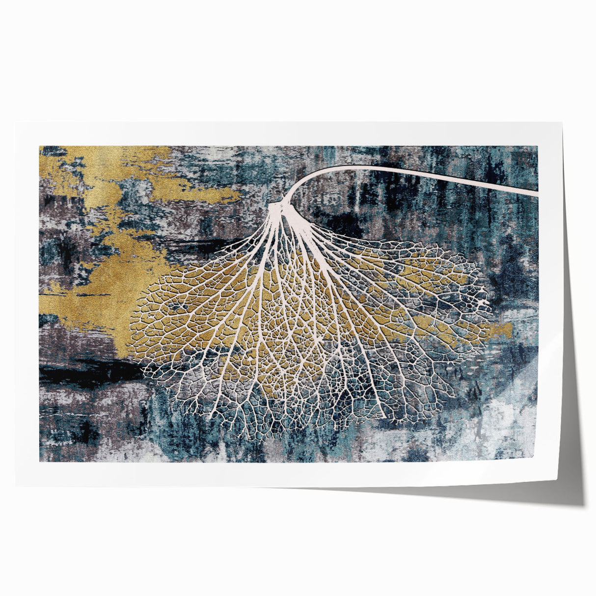 Abstract wall art print featuring vibrant strokes and lines in shades of blue, orange, and yellow, rolled and ready for framing or display in modern decor.